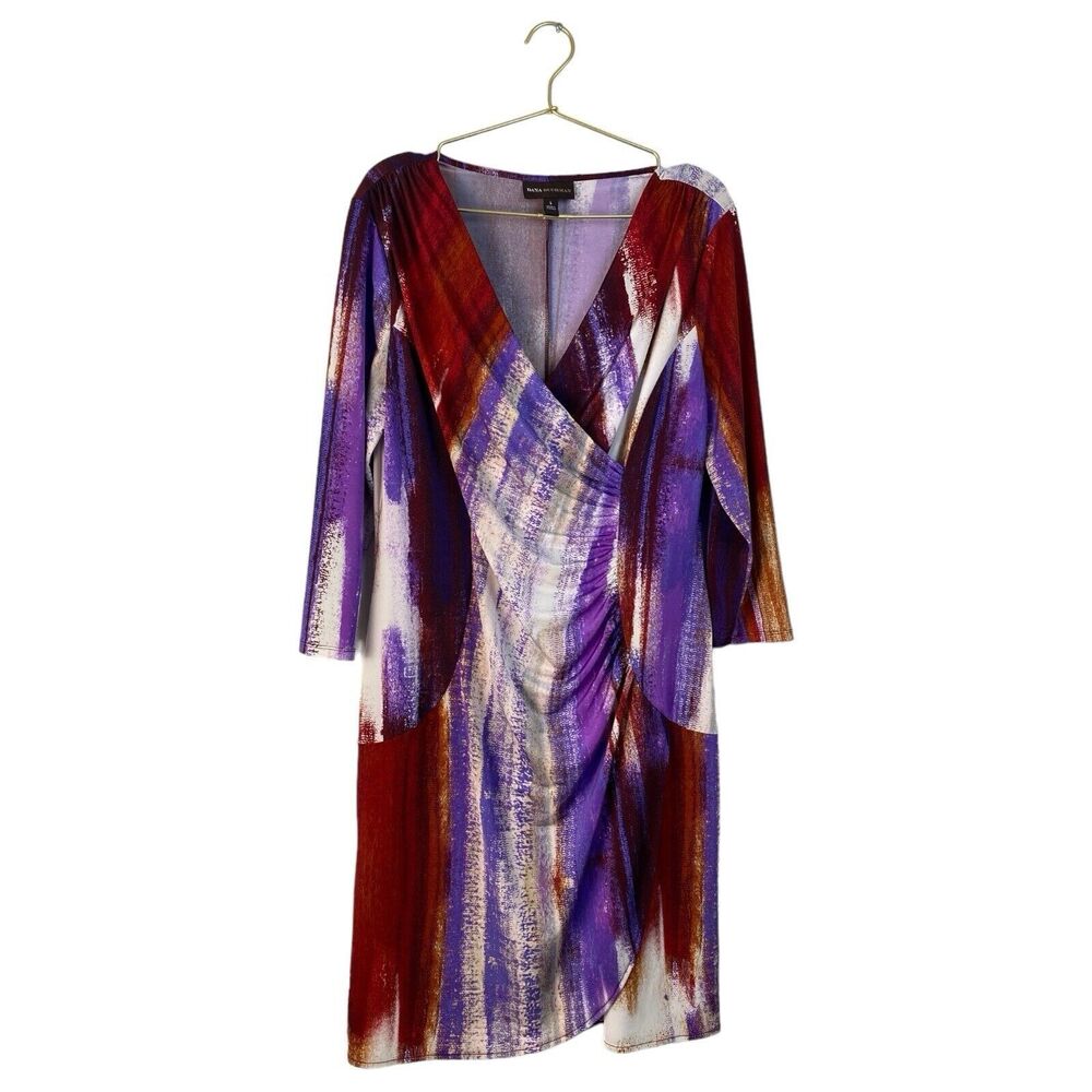Dana Buchman Abstract Print Dress 3/4 Sleeve‎ Ruched Bodycon L 327